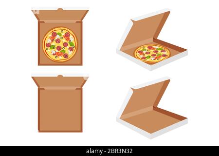 The whole pizza in the opened and closed cardboard box.  Stock Vector