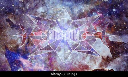 Abstract cosmos geometric background with polygons, triangles, stars and nebula. Polygonal cloudscape backdrop. Elements of this image furnished by NA Stock Photo