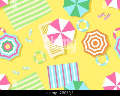 Seamless beach pattern, top view. Chaise lounge with beach umbrella and towel on the sand. Flat design style. Summer beach vacation. Vector illustrati Stock Vector