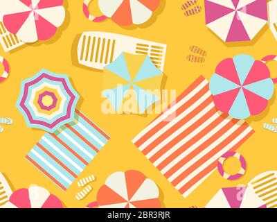 Seamless beach pattern, top view. Chaise lounge with beach umbrella and towel on the sand. Flat design style. Summer beach vacation. Vector illustrati Stock Vector