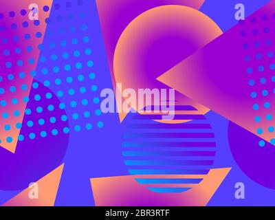 Seamless pattern with geometric shapes memphis style 80s. Triangles and circles with multicolored gradient. Background for brochures, promotional mate Stock Vector