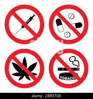 Set prohibited signs - drugs. Vector illustration isolated on white. Collection of 4 icons. No capsule, marijuana, cannabis, tobacco, cocaine and othe Stock Vector