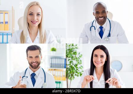 Multiple montage image photo of professional successful doctors in white coat uniform having live conference using videocall platform app talking Stock Photo