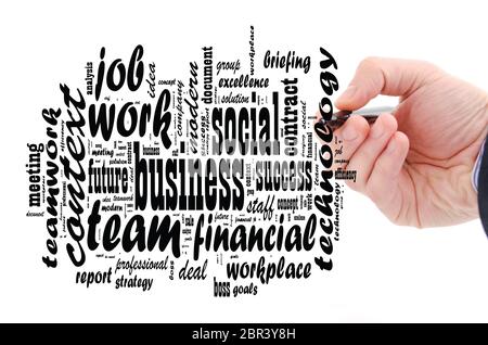Business - word cloud over white background and human hand Stock Photo