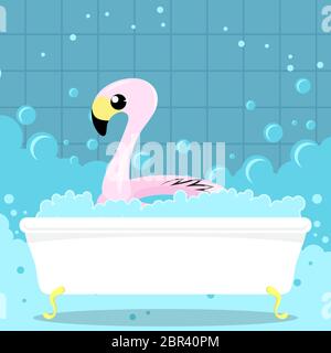 Inflatable Pink Flamingo Toy on Bath Background. Swimming Pool Ring for Kids. Rubber Tropical Bird Shape Stock Vector