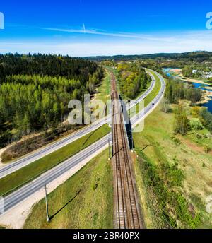 Empty railway in Naujoji Vilnia district, Vilnius, Lithuania Stock Photo