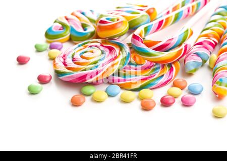 Set of colorful lollipops isolated on white background. Swirl lollipops. Stock Photo