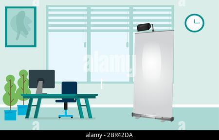 mock up illustration of roll up banner in a office Stock Vector