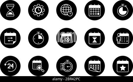 global sphere and calendar icon set over white background, block style, vector illustration Stock Vector