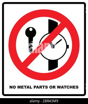 No metallic articles or watches, No access for people with metallic implants signs. Vector illustration. Warning symbol isolated on white Stock Vector