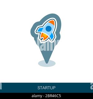 Map pin symbol with Rocket Launch icon. Blue symbol on white background ...