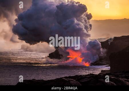 Lava flowing into the Pacific ocean from the East Rift Zone in Puna, Hawaii, USA. April 6th, 2017. Stock Photo