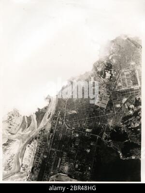 Aerial view of the city of Hiroshima, Japan, with the  point of explosion of the atomic bomb 1945, World War II Stock Photo