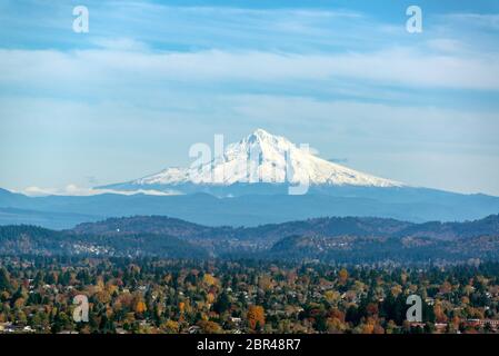 View of Mt. Hood and forest covered hills as seen from Portland, Oregon Stock Photo
