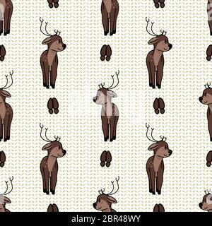 Kawaii cartoon deer with hoof print seamless pattern. Cute doe animal flat color background. Childish hand drawn doodle style. For baby nursery decor Stock Vector