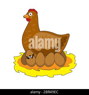 A hen in a nest with eggs on a white isolated background. Vector image Stock Vector