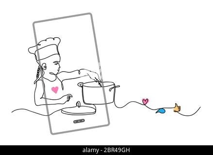 Kid, child cooking. Cook blogger concept. vector illustration with phone, like, thumb up, heart, comment Stock Vector