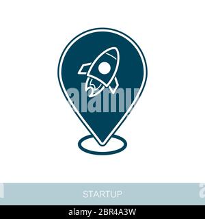 Map pin symbol with Rocket Launch icon. Blue symbol on white background ...
