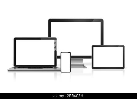 Computers and phone set mockup isolated on white background with blank screens. 3D render Stock Photo