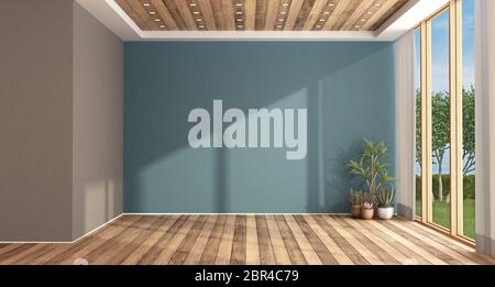 Empty blue living room with large window and hardwood floor - 3d rendering Stock Photo