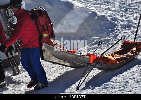 Rescue sleds outside the Rescue Base Ready for Emercency, in the alps near vienna Stock Photo