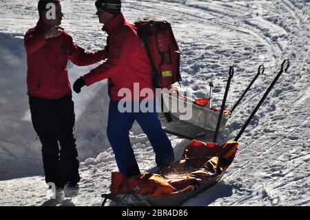 Rescue sleds outside the Rescue Base Ready for Emercency, in the alps near vienna Stock Photo