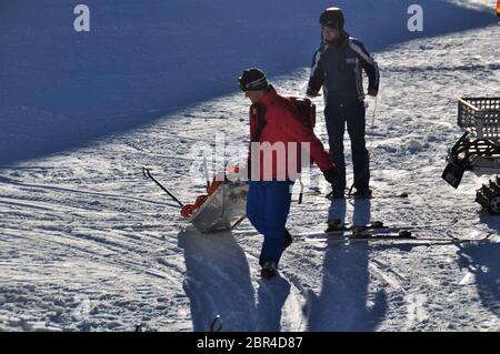 Rescue sleds outside the Rescue Base Ready for Emercency, in the alps near vienna Stock Photo