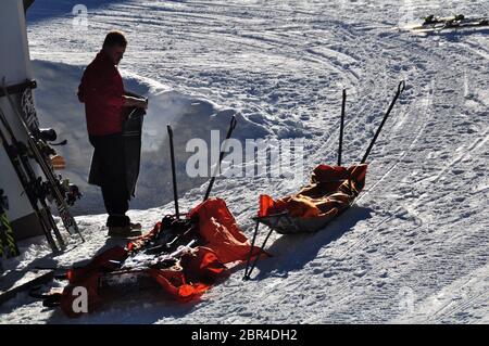 Rescue sleds outside the Rescue Base Ready for Emercency, in the alps near vienna Stock Photo