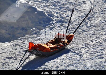 Rescue sleds outside the Rescue Base Ready for Emercency, in the alps near vienna Stock Photo