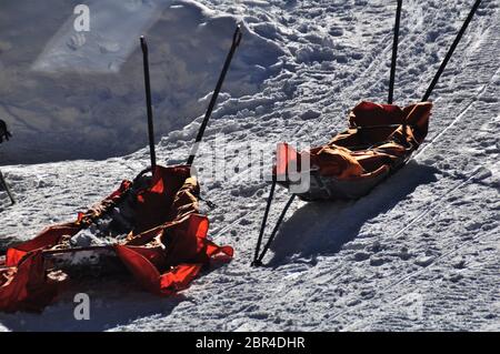 Rescue sleds outside the Rescue Base Ready for Emercency, in the alps near vienna Stock Photo