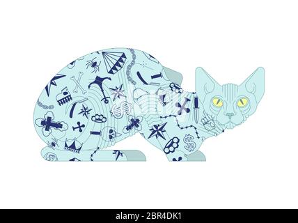 Sphynx cat with tattoo. Pet bully and criminal. Bad boy animal Stock Vector