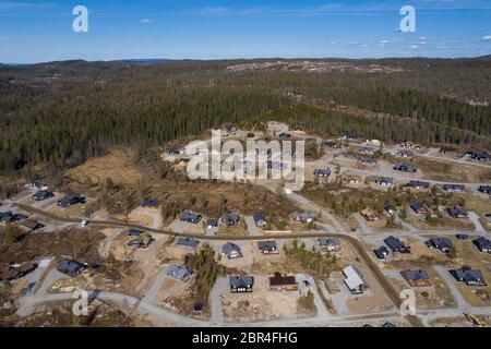 Aerial photo of modern cabin development at Lygna Skisenter, Jaren, 1 hr drive from Oslo Stock Photo