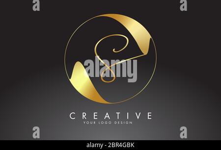 Initial S handwritten letter logo with golden elegant design and golden wave circle. Shiny metal creative vector illustration with letter S. Stock Vector