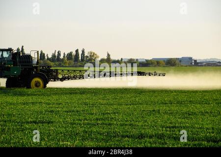 Tractor with the help of a sprayer sprays liquid fertilizers on young wheat in the field. The use of finely dispersed spray chemicals. Stock Photo