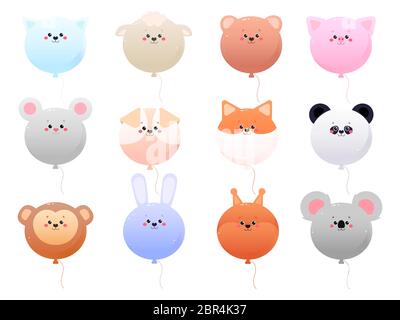 Balloon Cute Kawaii Animals isolated on a white background. Vector illustration Stock Vector