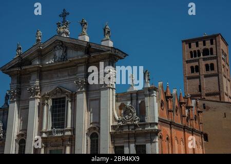 The famous Renaissance square Piazza Sordello in Mantua. View of the cathedral San Pietro and historic building. Stock Photo