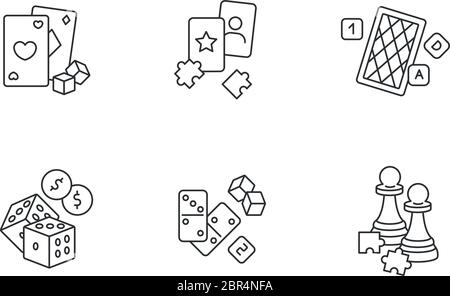 Gambling and intellectual games pixel perfect linear icons set Stock Vector
