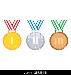 Golden, silver, bronze medals set isolated on white background. Cartoon medals with stripped red, blue, green ribbon and number 1 2 3. Icon sign first Stock Vector