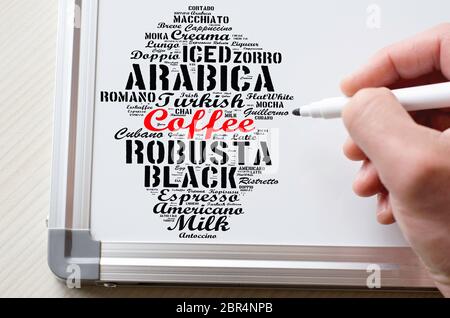 Coffee drinks words cloud collage over whiteboard background Stock Photo