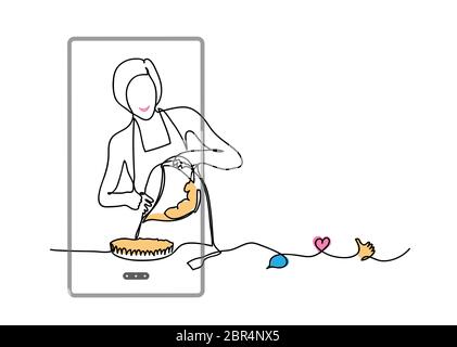 Baking, cooking vlog. Vector concept with girl,phone, like, thumb up, heart, comment. One continuous line drawing illustration of pie or cake baking Stock Vector