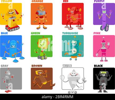 Cartoon Illustration of Basic Colors with Funny Robots Science Fiction Characters Educational Set Stock Vector