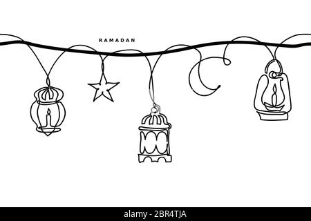 Ramadan simple black and white seamless vector border. Lantern, half moon, star garland. Ramadan minimal one continuous line drawing border Stock Vector