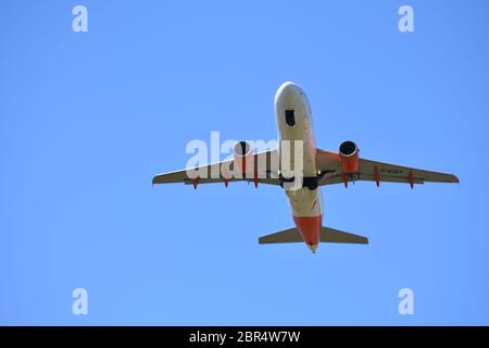 An easyJet flight above Felton Common just outside Bristol Airport, Lulsgate on the 30th of June 2018 Stock Photo