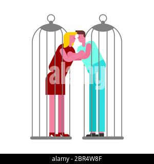 Love in Quarantine Social distancing and self-isolation in coronavirus epidemic. Lovers in cages on date. Stock Vector