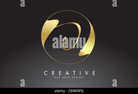 Initial D handwritten letter logo with golden elegant design and golden wave circle. Shiny metal creative vector illustration with letter D. Stock Vector