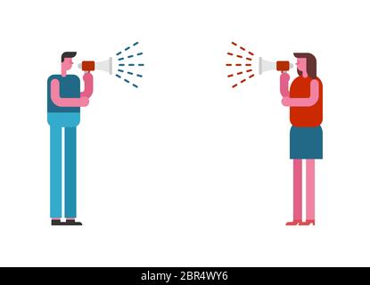 Couple quarreling over megaphone. quarrel in family. Man and woman scream Stock Vector