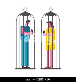 Love in Quarantine Social distancing and self-isolation in coronavirus epidemic. Lovers in cages on date. Stock Vector