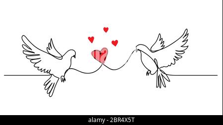 Dove, pigeon couple with heart. Love concept ,vector simplicity. Continuous one line drawing banner with in love doves Stock Vector