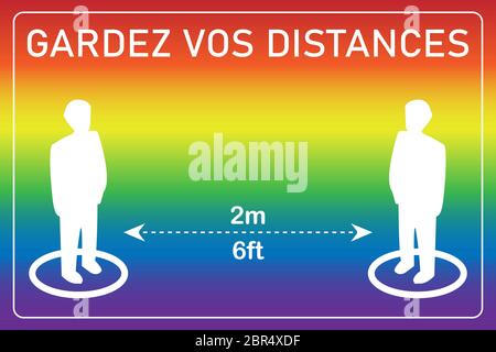 Vector illustration of social distancing. Keep your distance in french (Gardez vos distances). Person location icons. 2 meters or 6 feet. White icons Stock Vector