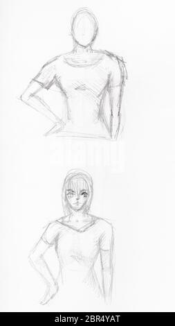 sketches of girl holding hands on waist hand-drawn by black pencil on ...